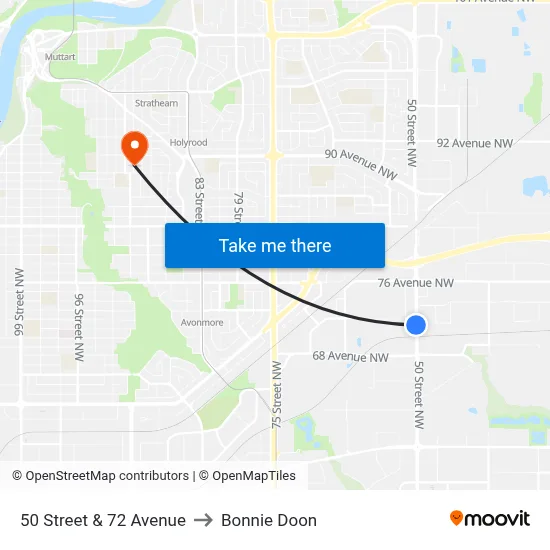 50 Street & 72 Avenue to Bonnie Doon map