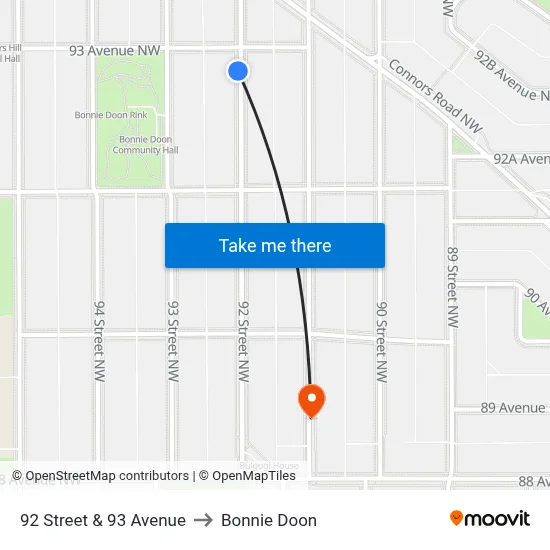 92 Street & 93 Avenue to Bonnie Doon map