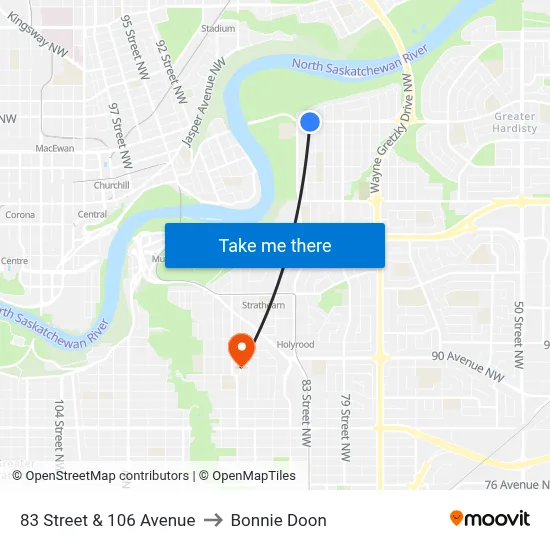 83 Street & 106 Avenue to Bonnie Doon map