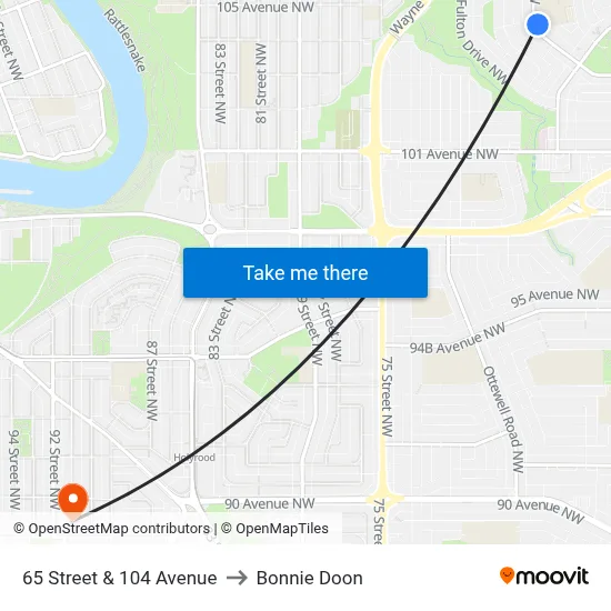 65 Street & 104 Avenue to Bonnie Doon map