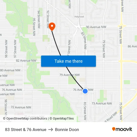 83 Street & 76 Avenue to Bonnie Doon map
