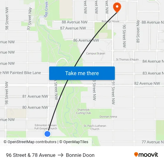 96 Street & 78 Avenue to Bonnie Doon map