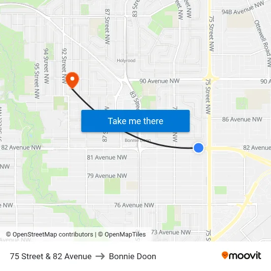 75 Street & 82 Avenue to Bonnie Doon map