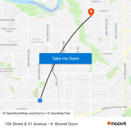 106 Street & 51 Avenue to Bonnie Doon map