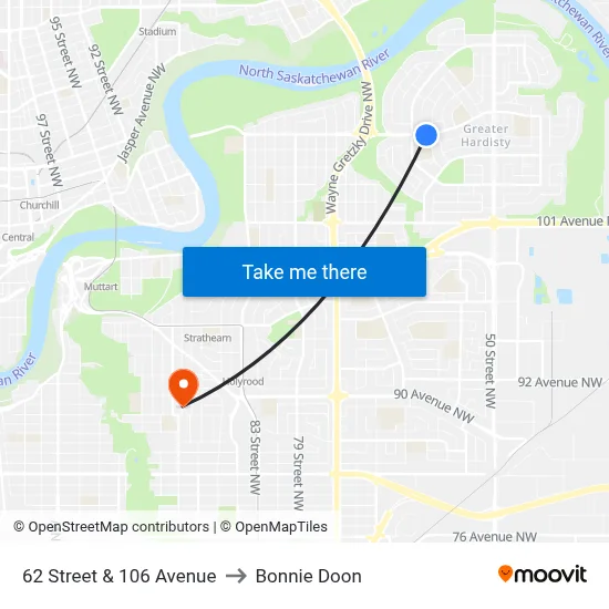62 Street & 106 Avenue to Bonnie Doon map