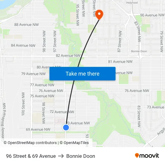 96 Street & 69 Avenue to Bonnie Doon map