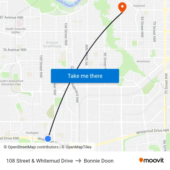 108 Street & Whitemud Drive to Bonnie Doon map