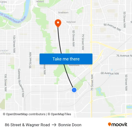 86 Street & Wagner Road to Bonnie Doon map