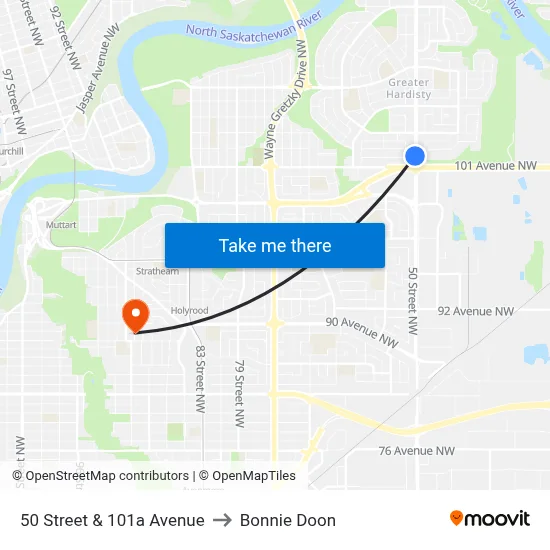 50 Street & 101a Avenue to Bonnie Doon map