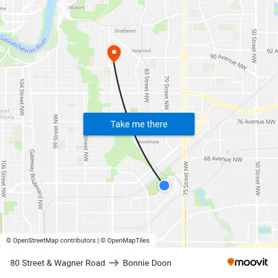 80 Street & Wagner Road to Bonnie Doon map