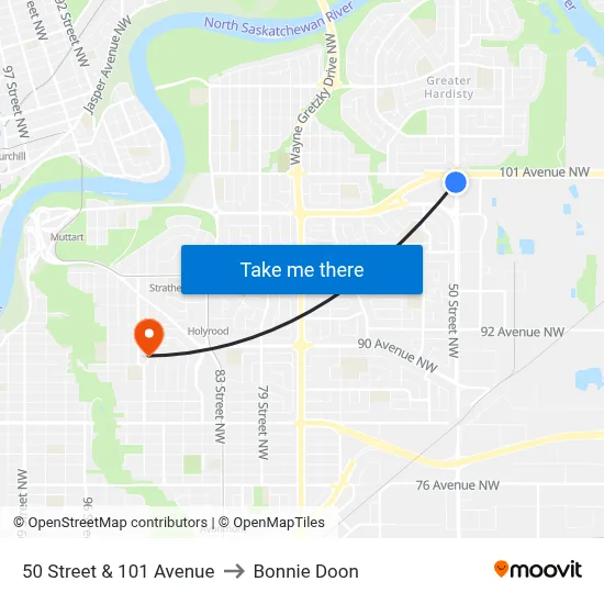 50 Street & 101 Avenue to Bonnie Doon map