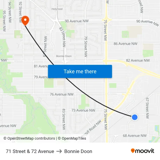 71 Street & 72 Avenue to Bonnie Doon map