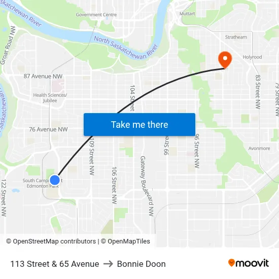 113 Street & 65 Avenue to Bonnie Doon map