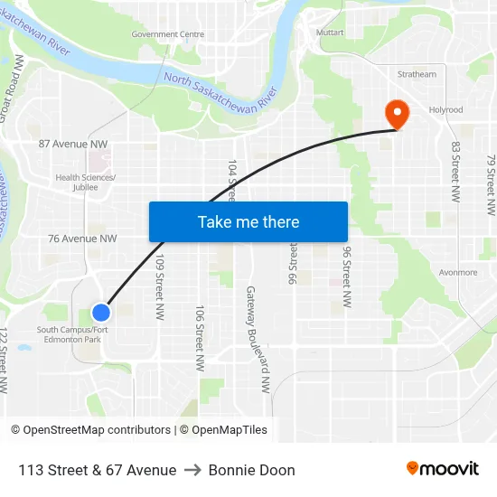 113 Street & 67 Avenue to Bonnie Doon map