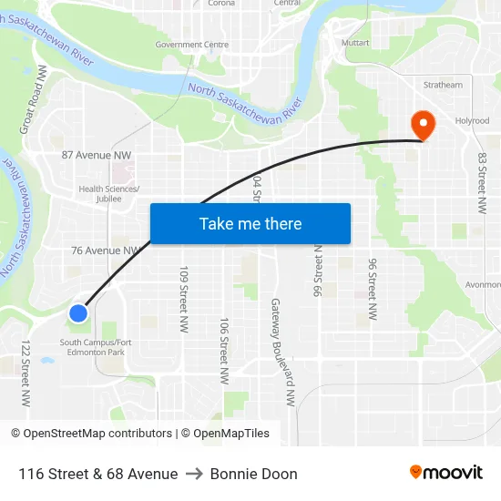 116 Street & 68 Avenue to Bonnie Doon map