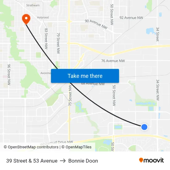 39 Street & 53 Avenue to Bonnie Doon map