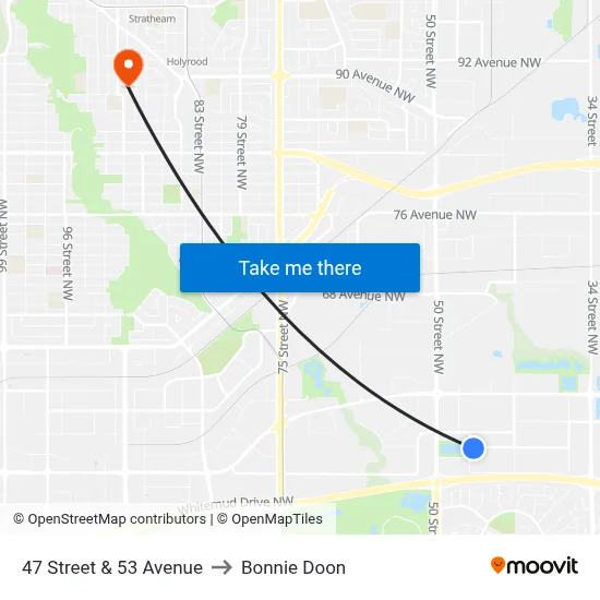 47 Street & 53 Avenue to Bonnie Doon map