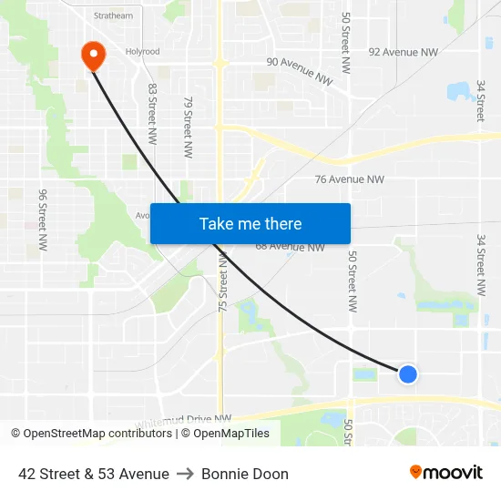 42 Street & 53 Avenue to Bonnie Doon map
