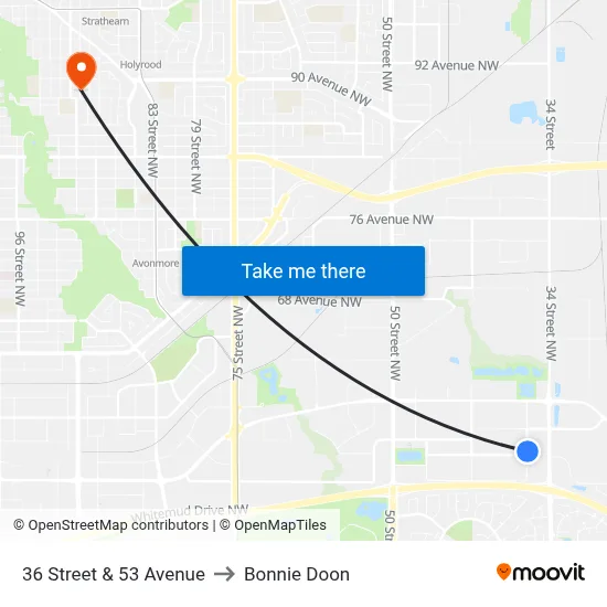 36 Street & 53 Avenue to Bonnie Doon map