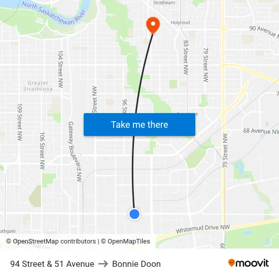 94 Street & 51 Avenue to Bonnie Doon map