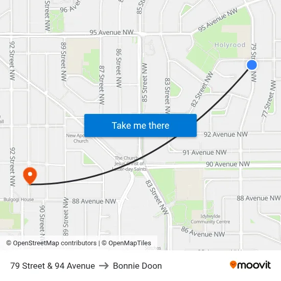 79 Street & 94 Avenue to Bonnie Doon map
