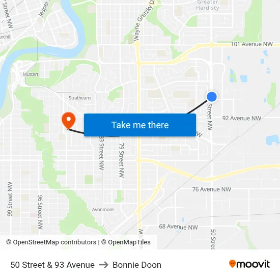 50 Street & 93 Avenue to Bonnie Doon map