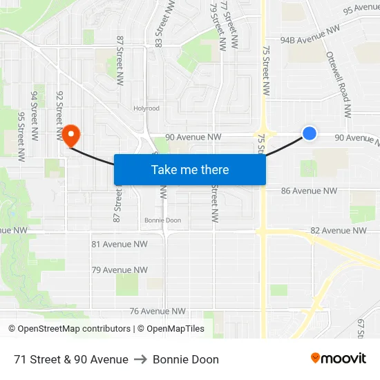 71 Street & 90 Avenue to Bonnie Doon map