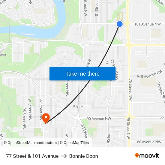 77 Street & 101 Avenue to Bonnie Doon map