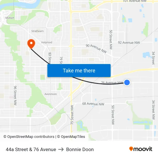 44a Street & 76 Avenue to Bonnie Doon map