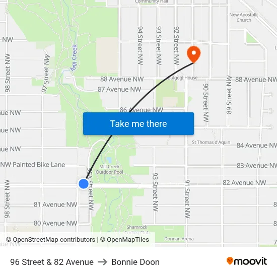 96 Street & 82 Avenue to Bonnie Doon map