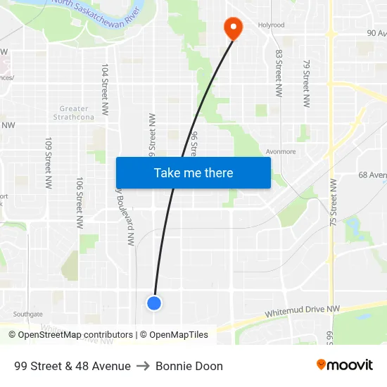 99 Street & 48 Avenue to Bonnie Doon map