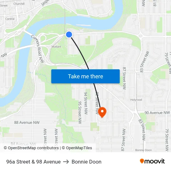 96a Street & 98 Avenue to Bonnie Doon map