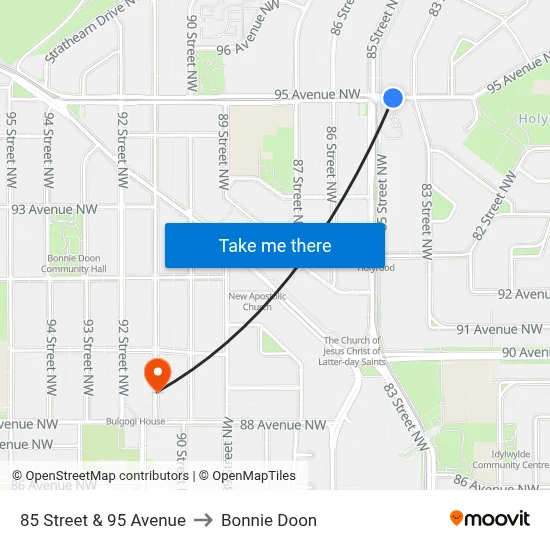 85 Street & 95 Avenue to Bonnie Doon map