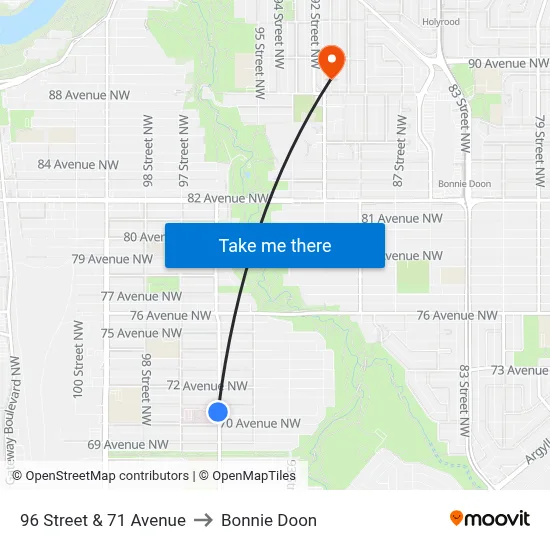 96 Street & 71 Avenue to Bonnie Doon map