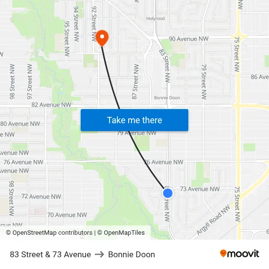83 Street & 73 Avenue to Bonnie Doon map