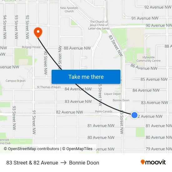 83 Street & 82 Avenue to Bonnie Doon map
