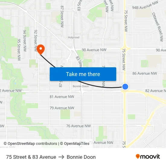75 Street & 83 Avenue to Bonnie Doon map