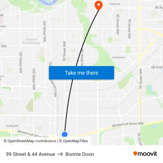 99 Street & 44 Avenue to Bonnie Doon map