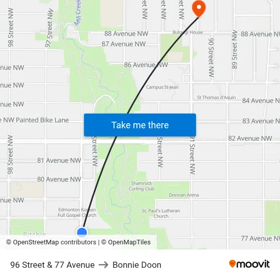 96 Street & 77 Avenue to Bonnie Doon map