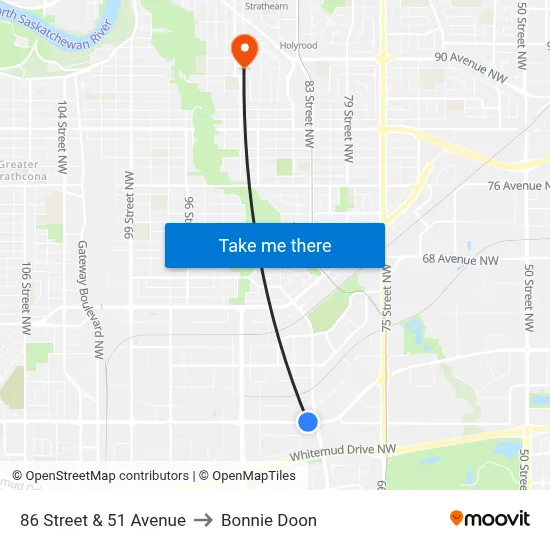 86 Street & 51 Avenue to Bonnie Doon map