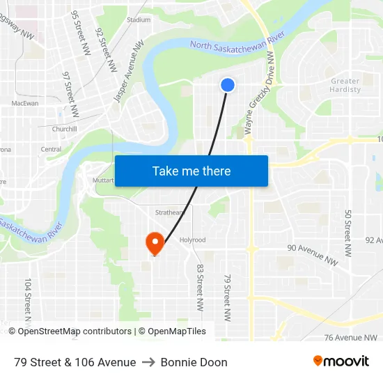 79 Street & 106 Avenue to Bonnie Doon map