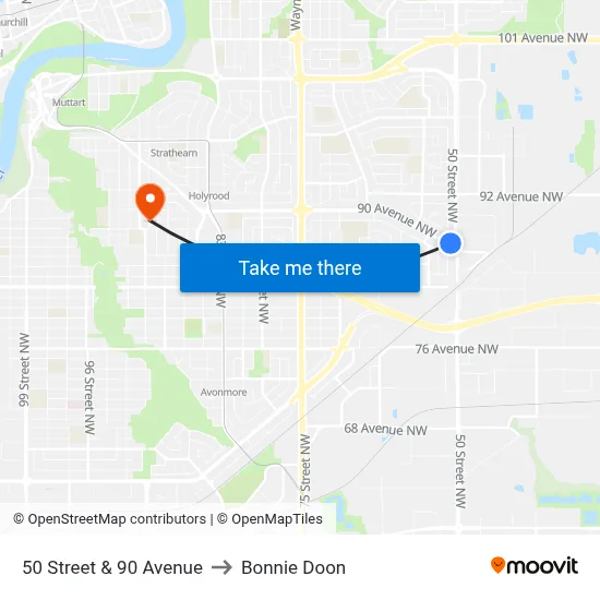 50 Street & 90 Avenue to Bonnie Doon map