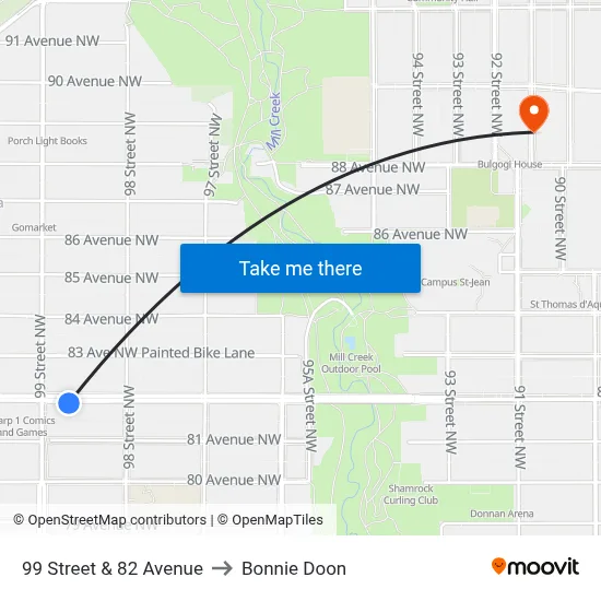 99 Street & 82 Avenue to Bonnie Doon map