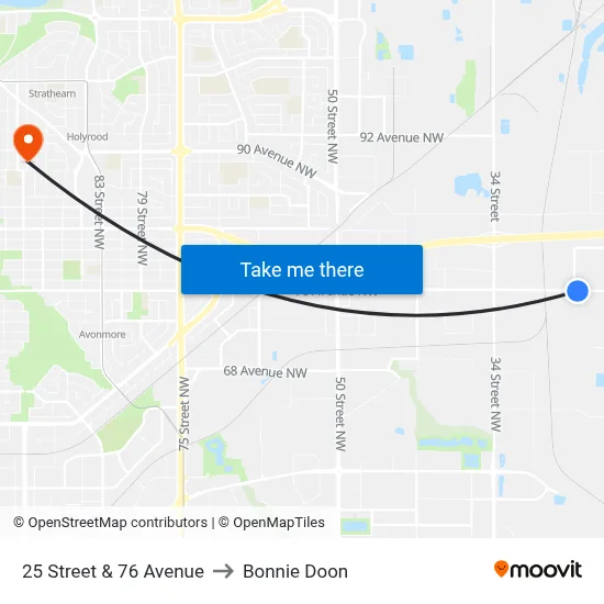 25 Street & 76 Avenue to Bonnie Doon map