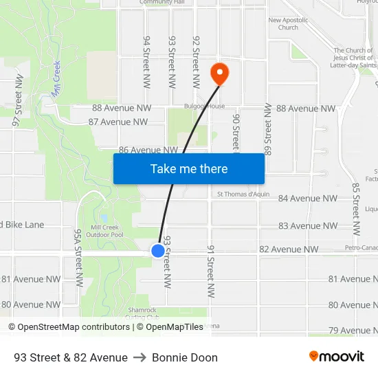 93 Street & 82 Avenue to Bonnie Doon map
