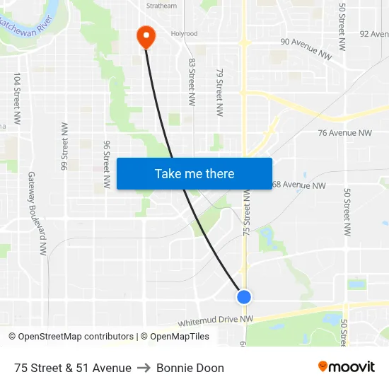 75 Street & 51 Avenue to Bonnie Doon map