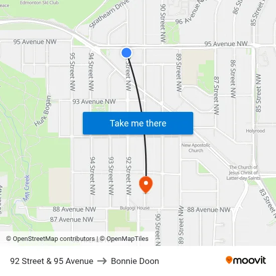 92 Street & 95 Avenue to Bonnie Doon map