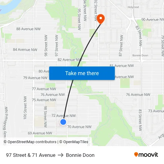 97 Street & 71 Avenue to Bonnie Doon map