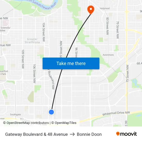 Gateway Boulevard & 48 Avenue to Bonnie Doon map