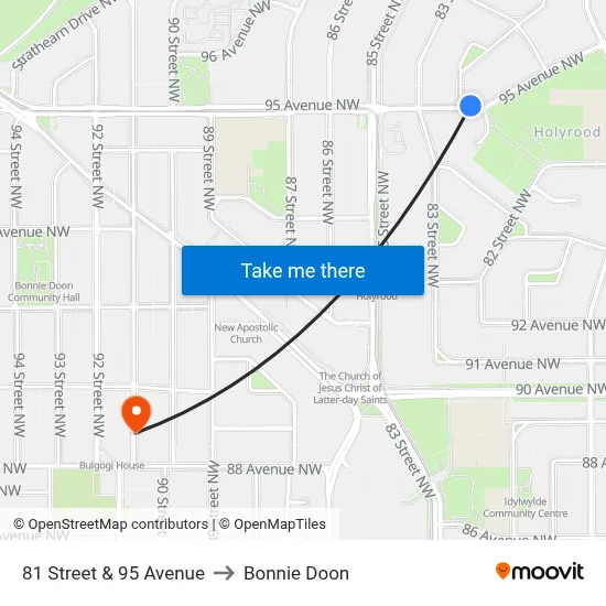 81 Street & 95 Avenue to Bonnie Doon map
